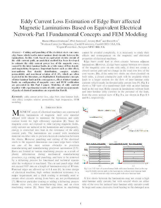 Eddy Current Loss Estimation of Edge Burr-Affected Magnetic Laminations Based on Equivalent Electrical Network—Part I: Fundamental Concepts and FEM Modeling Thumbnail