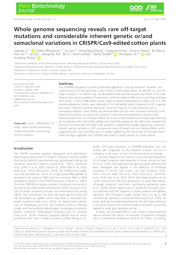 Whole genome sequencing reveals rare off-target mutations and considerable inherent genetic and/or somaclonal variations in CRISPR/Cas9-edited cotton plants Thumbnail