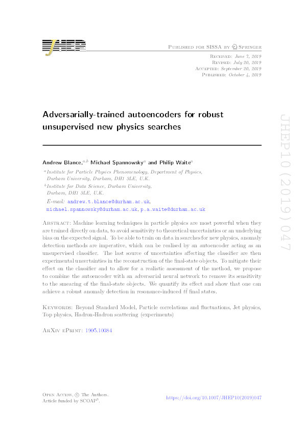 Adversarially-trained autoencoders for robust unsupervised new physics searches Thumbnail
