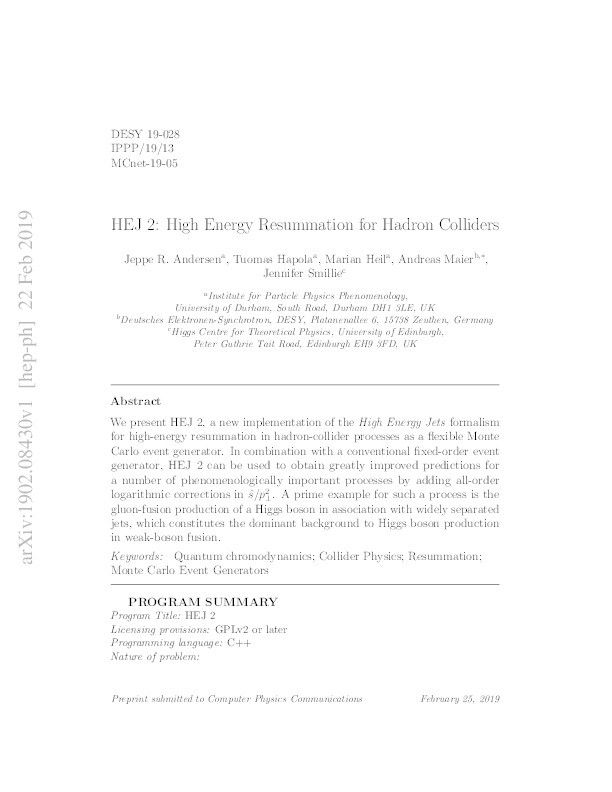 HEJ 2: High energy resummation for hadron colliders Thumbnail