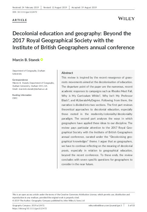 Decolonial education and geography: Beyond the 2017 Royal Geographical Society with the Institute of British Geographers annual conference Thumbnail