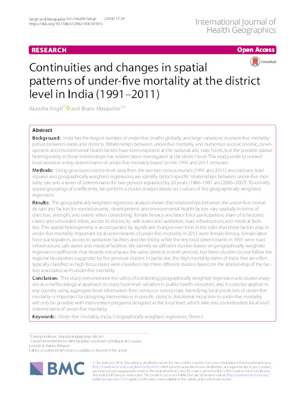 Continuities and changes in spatial patterns of under-five mortality at the district level in India (1991–2011) Thumbnail
