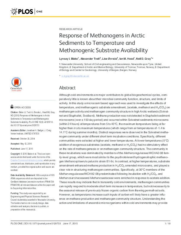 Response of Methanogens in Arctic Sediments to Temperature and Methanogenic Substrate Availability Thumbnail