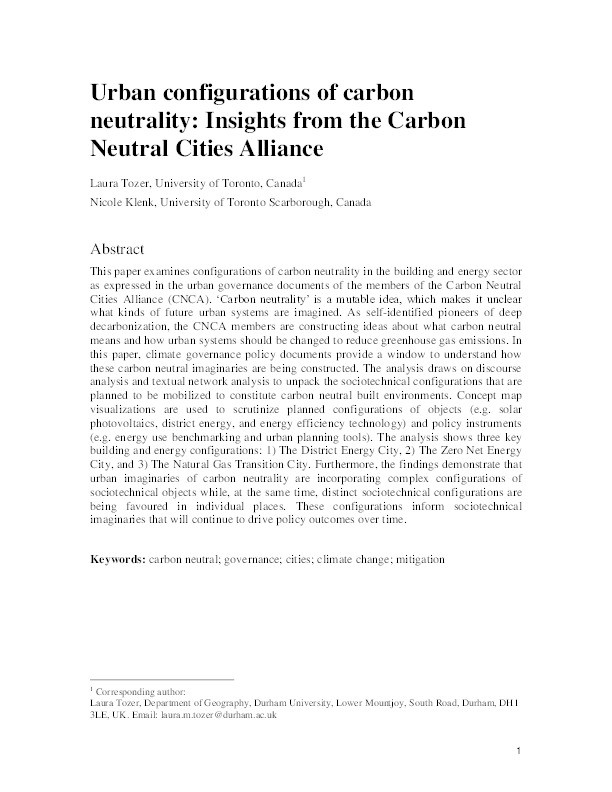 Urban configurations of carbon neutrality: Insights from the Carbon Neutral Cities Alliance Thumbnail