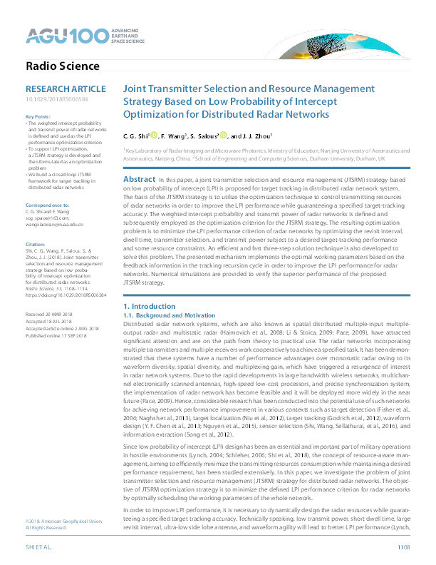 Joint transmitter selection and resource management strategy based on low probability of intercept optimization for distributed radar networks Thumbnail