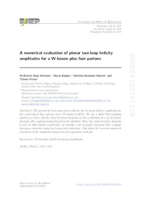 A numerical evaluation of planar two-loop helicity amplitudes for a W-boson plus four partons Thumbnail