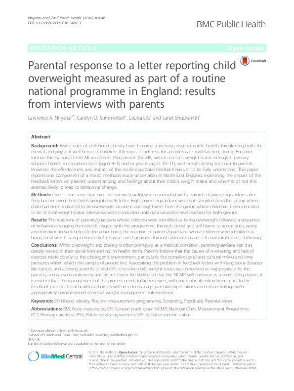 Parental response to a letter reporting child overweight measured as part of a routine national programme in England: results from interviews with parents Thumbnail