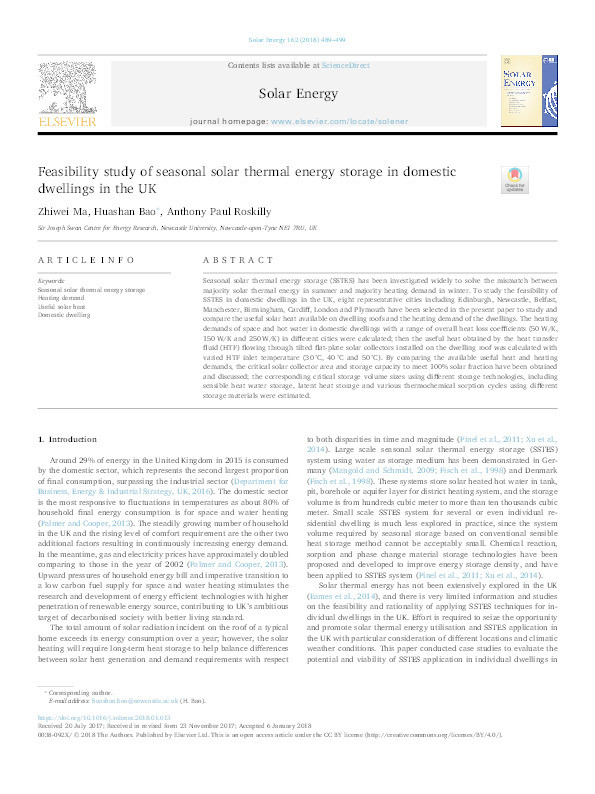 Feasibility study of seasonal solar thermal energy storage in domestic dwellings in the UK Thumbnail