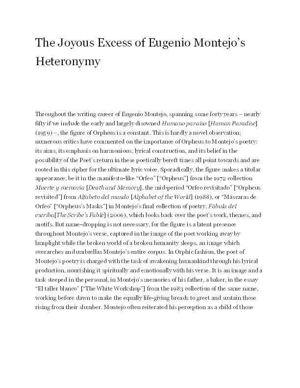 The Joyous Excess of Eugenio Montejo’s Heteronymy' / 'El exceso jubiloso de la heteronimia de Eugenio Montejo Thumbnail