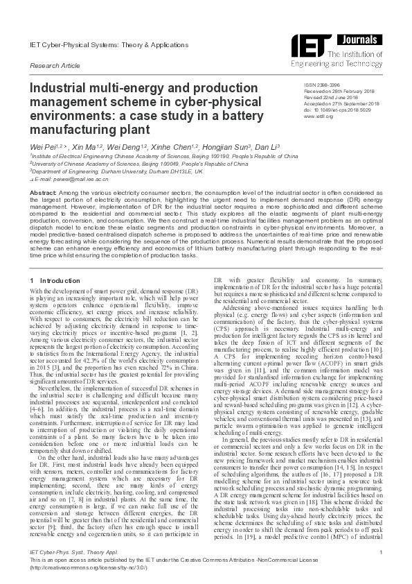 Industrial Multi-Energy and Production Management Scheme in Cyber-Physical Environments: A Case Study in a Battery Manufacturing Plant Thumbnail
