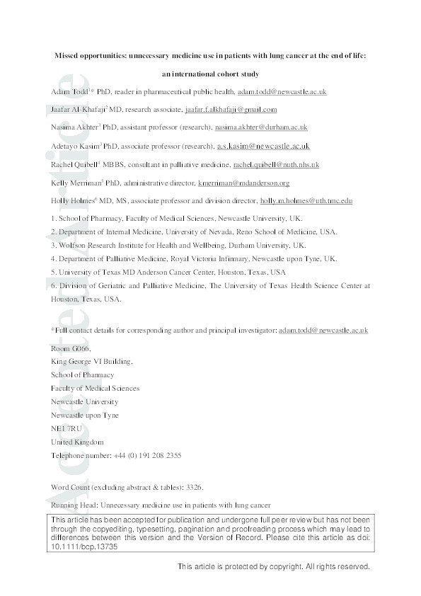 Missed opportunities: unnecessary medicine use in patients with lung cancer at the end of life: an international cohort study Thumbnail