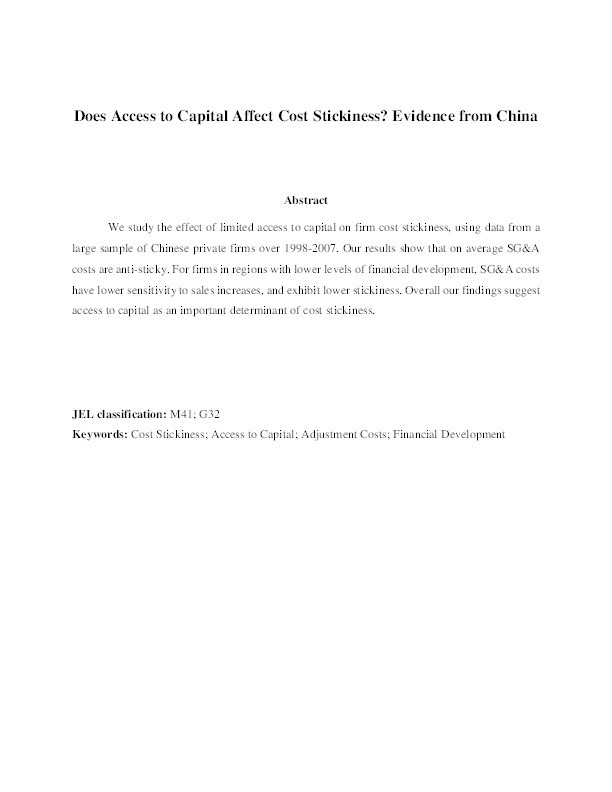 Does access to capital affect cost stickiness? Evidence from China Thumbnail