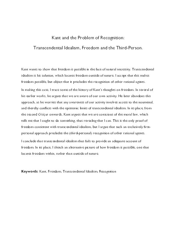 Kant and the Problem of Recognition: Freedom, Transcendental Idealism, and the Third-Person Thumbnail