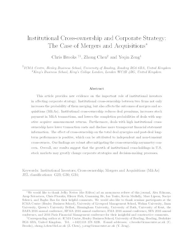 Institutional cross-ownership and corporate strategy: The case of mergers and acquisitions Thumbnail