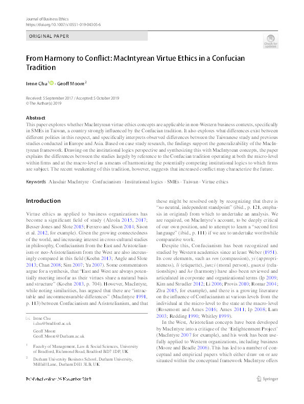 From Harmony to Conflict: MacIntyrean Virtue Ethics in a Confucian Tradition Thumbnail