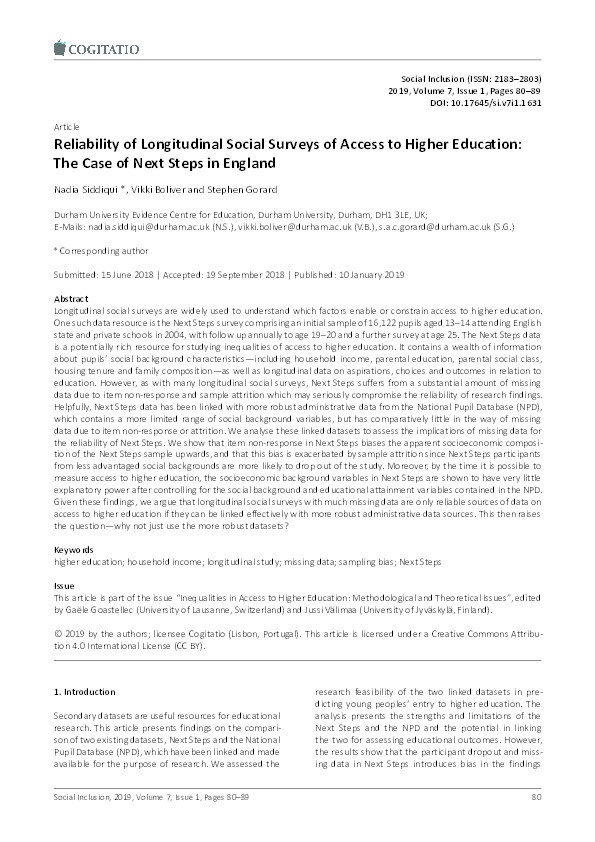 Reliability of Longitudinal Social Surveys of Access to Higher Education: The Case of Next Steps in England Thumbnail