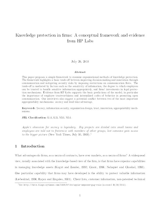 Knowledge protection in firms: A conceptual framework and evidence from HP Labs Thumbnail