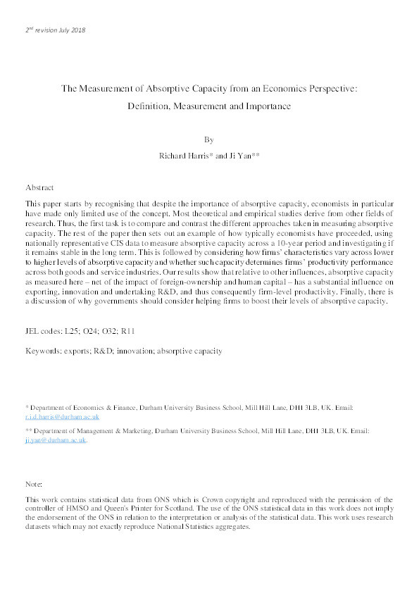 The Measurement of Absorptive Capacity from an Economics Perspective: Definition, Measurement and Importance Thumbnail