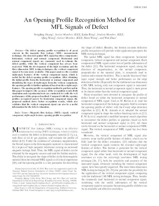 An Opening Profile Recognition Method for Magnetic Flux Leakage Signals of Defect Thumbnail