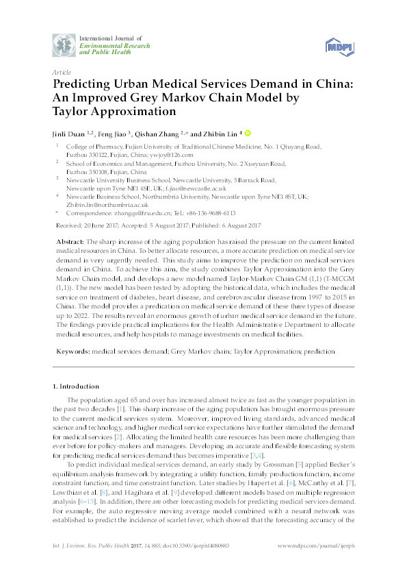 Predicting Urban Medical Services Demand in China: An Improved Grey Markov Chain Model by Taylor Approximation Thumbnail