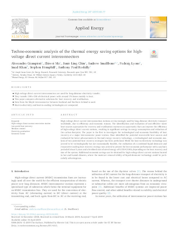 Techno-economic analysis of the thermal energy saving options for high-voltage direct current interconnectors Thumbnail