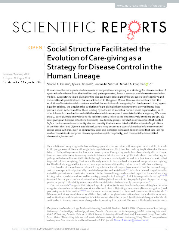 Social Structure Facilitated the Evolution of Care-giving as a Strategy for Disease Control in the Human Lineage Thumbnail