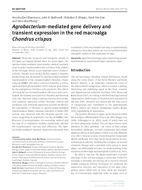 Agrobacterium-mediated gene delivery and transient expression in the red macroalga Chondrus crispus Thumbnail