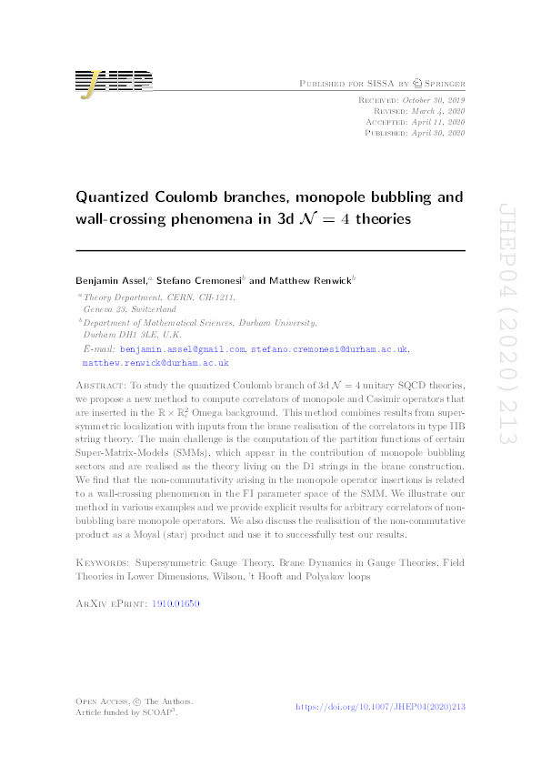 Quantized Coulomb Branches, Monopole Bubbling and Wall-Crossing Phenomena in 3d N=4 Theories Thumbnail