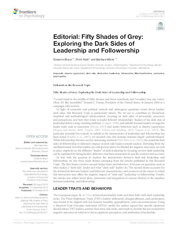 Editorial: Fifty Shades of Grey: Exploring the Dark Sides of Leadership and Followership Thumbnail