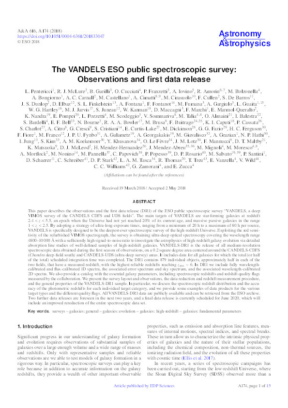 The VANDELS ESO public spectroscopic survey: Observations and first data release Thumbnail