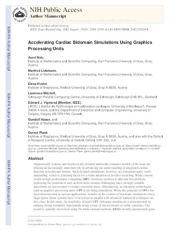 Accelerating Cardiac Bidomain Simulations Using Graphics Processing Units Thumbnail