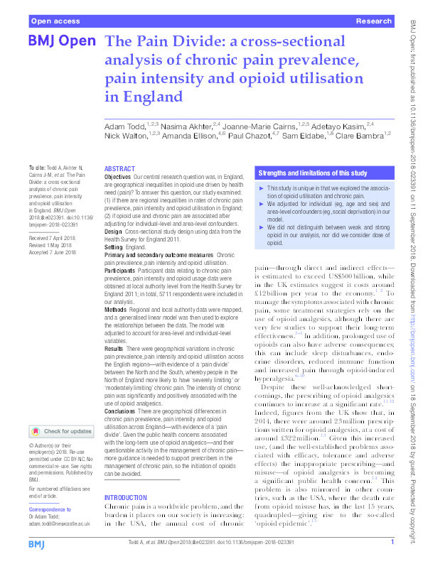 The Pain Divide: a cross-sectional analysis of chronic pain prevalence, pain intensity and opioid utilisation in England Thumbnail