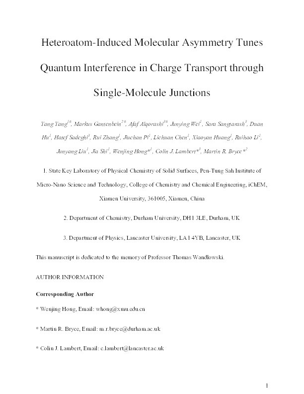 Heteroatom-Induced Molecular Asymmetry Tunes Quantum Interference in Charge Transport through Single-Molecule Junctions Thumbnail