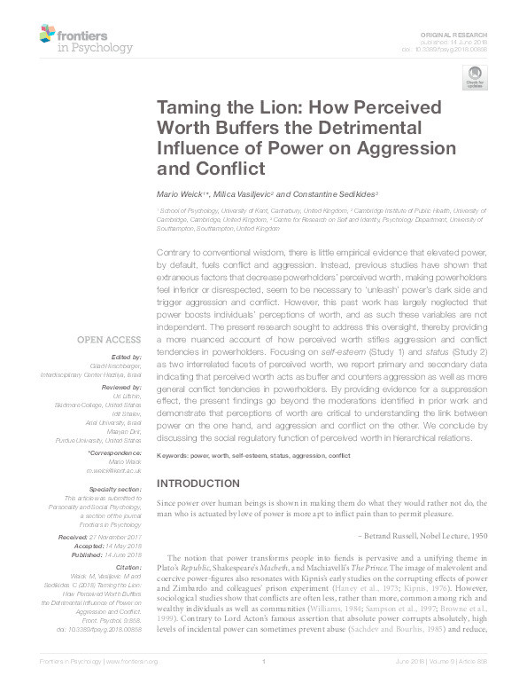 Taming the lion: How perceived worth buffers the detrimental influence of power on aggression and conflict Thumbnail