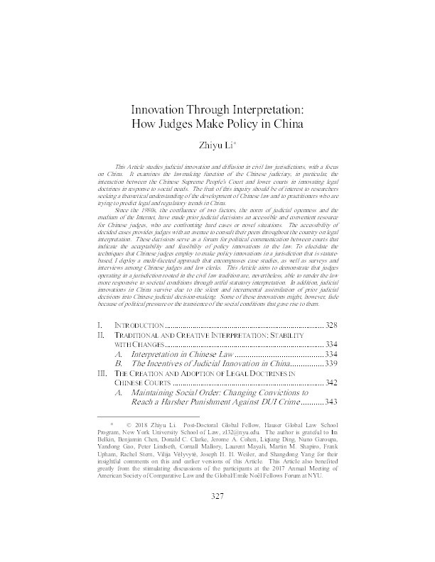 Innovation Through Interpretation: How Judges Make Policy in China Thumbnail