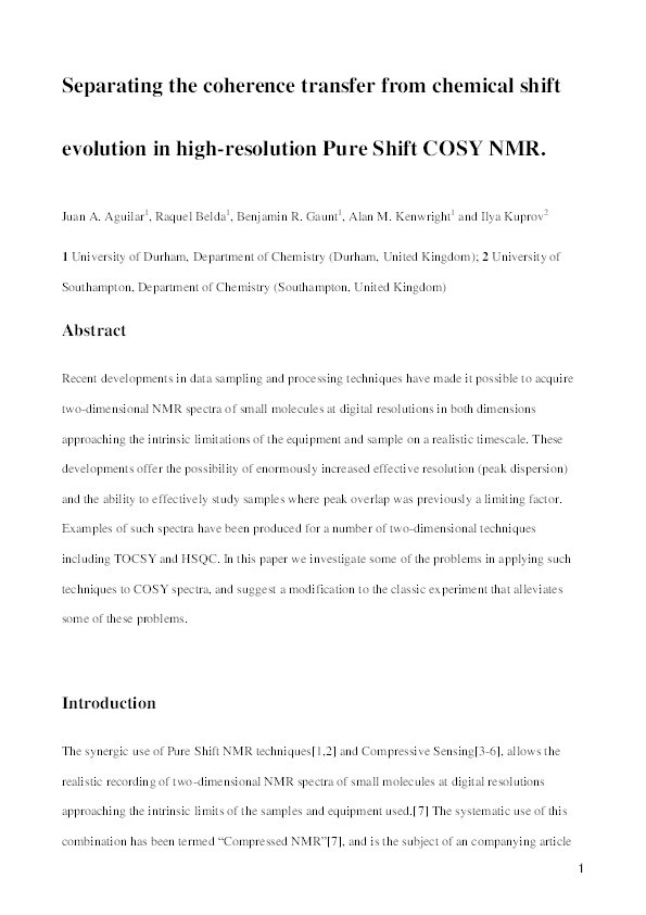 Separating the coherence transfer from chemical shift evolution in high-resolution pure shift COSY NMR Thumbnail