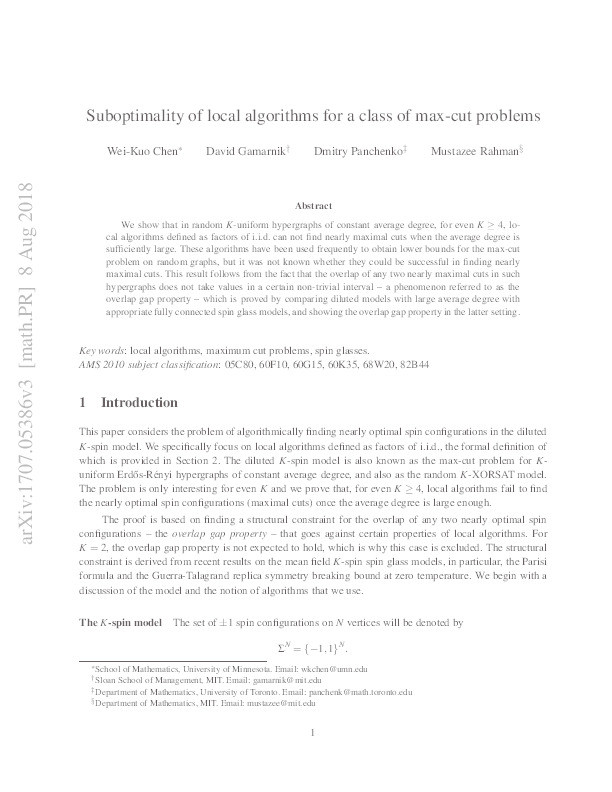 Suboptimality of local algorithms for a class of max-cut problems Thumbnail