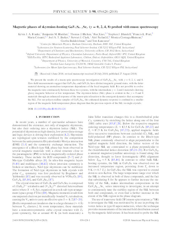 Magnetic phases of skyrmion-hosting GaV4S8−ySey (y = 0, 2, 4, 8) probed with muon spectroscopy Thumbnail