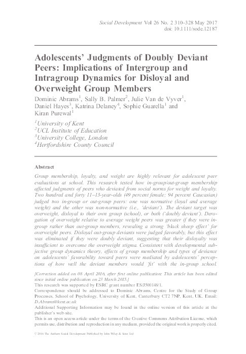 Adolescents' judgments of doubly deviant peers: Implications of intergroup and intragroup dynamics for disloyal and overweight group members Thumbnail