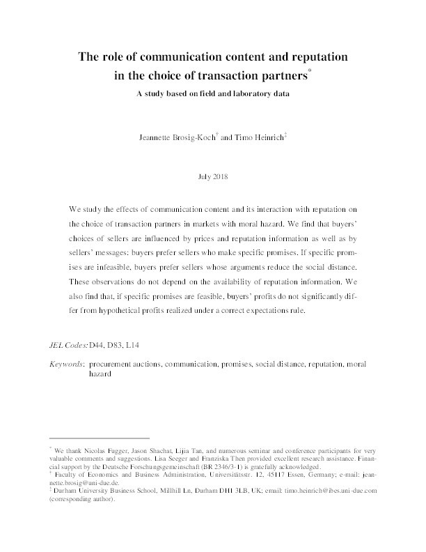 The role of communication content and reputation in the choice of transaction partners: A study based on field and laboratory data Thumbnail