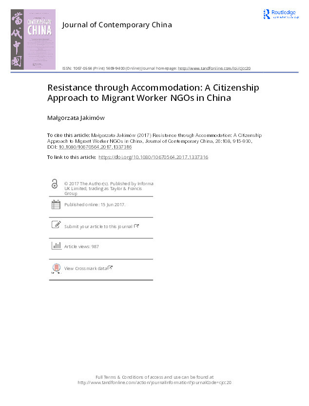 Resistance through Accommodation: A Citizenship Approach to Migrant Worker NGOs in China Thumbnail