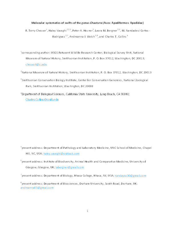 Molecular systematics of swifts of the genus Chaetura (Aves: Apodiformes: Apodidae) Thumbnail