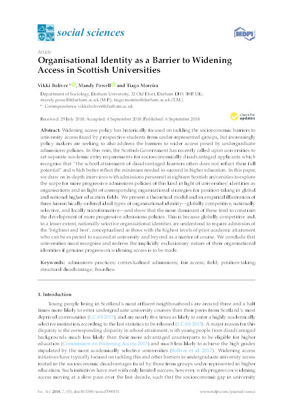 Organisational Identity as a Barrier to Widening Access in Scottish Universities Thumbnail