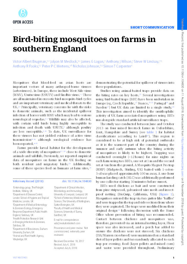 Bird-biting mosquitoes on farms in southern England Thumbnail