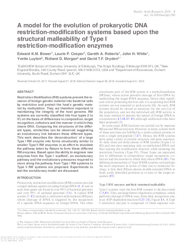A model for the evolution of prokaryotic DNA restriction-modification systems based upon the structural malleability of Type I restriction-modification enzymes Thumbnail