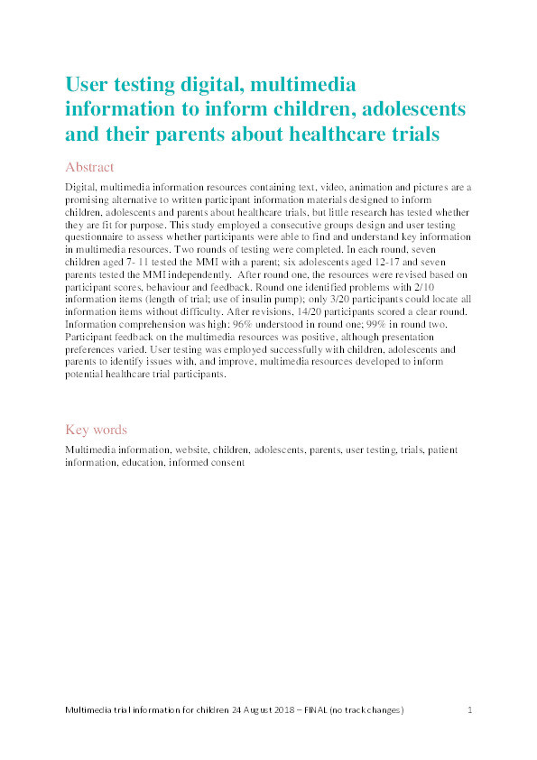 User testing digital, multimedia information to inform children, adolescents and their parents about healthcare trials Thumbnail