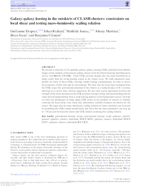 Galaxy–galaxy lensing in the outskirts of CLASH clusters: constraints on local shear and testing mass–luminosity scaling relation Thumbnail