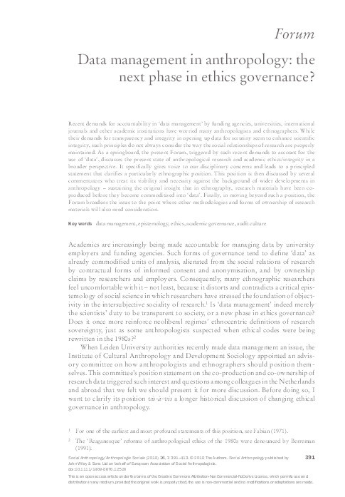 Data management in anthropology: the next phase in ethics governance? Thumbnail