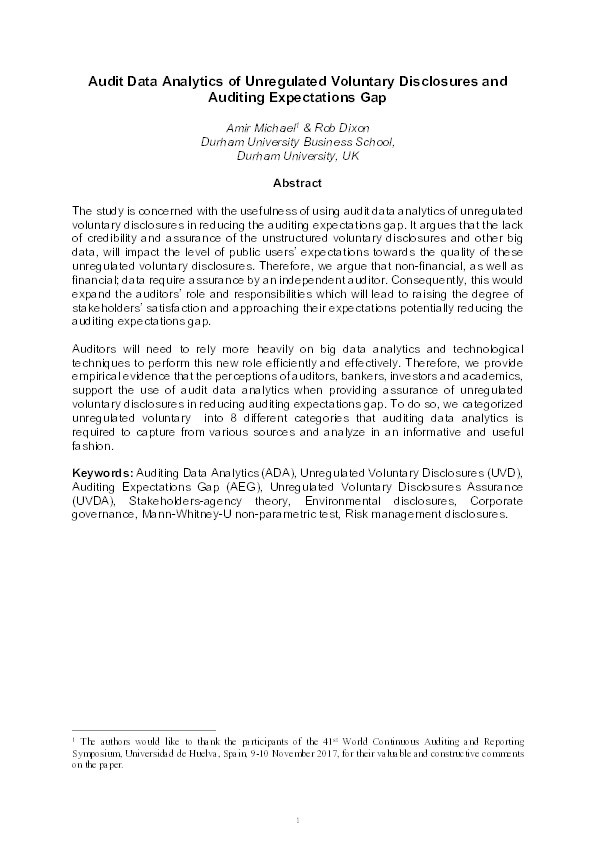 Audit data analytics of unregulated voluntary disclosures and auditing expectations gap Thumbnail