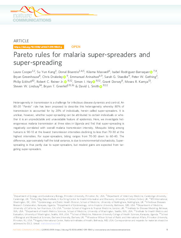 Pareto rules for malaria super-spreaders and super-spreading Thumbnail